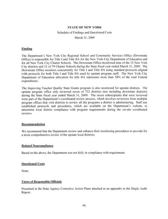 Sample audit finding report questioned cost