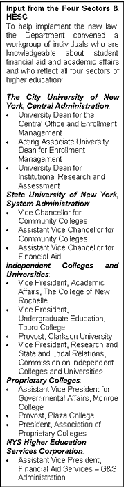 Text Box: Input from the Four Sectors & HESC To help implement the new law, the Department convened a workgroup of individuals who are knowledgeable about student financial aid and academic affairs and who reflect all four sectors of higher education: The City University of New York, Central Administration: • University Dean for the Central Office and Enrollment Management • Acting Associate University Dean for Enrollment Management • University Dean for Institutional Research and Assessment State University of New York, System Administration: • Vice Chancellor for Community Colleges • Assistant Vice Chancellor for Community Colleges • Assistant Vice Chancellor for Financial Aid Independent Colleges and Universities: • Vice President, Academic Affairs, The College of New Rochelle • Vice President, Undergraduate Education, Touro College • Provost, Clarkson University • Vice President, Research and State and Local Relations, Commission on Independent Colleges and Universities Proprietary Colleges: • Assistant Vice President for Governmental Affairs, Monroe College • Provost, Plaza College • President, Association of Proprietary Colleges NYS Higher Education Services Corporation: • Assistant Vice President, Financial Aid Services – G&S Administration